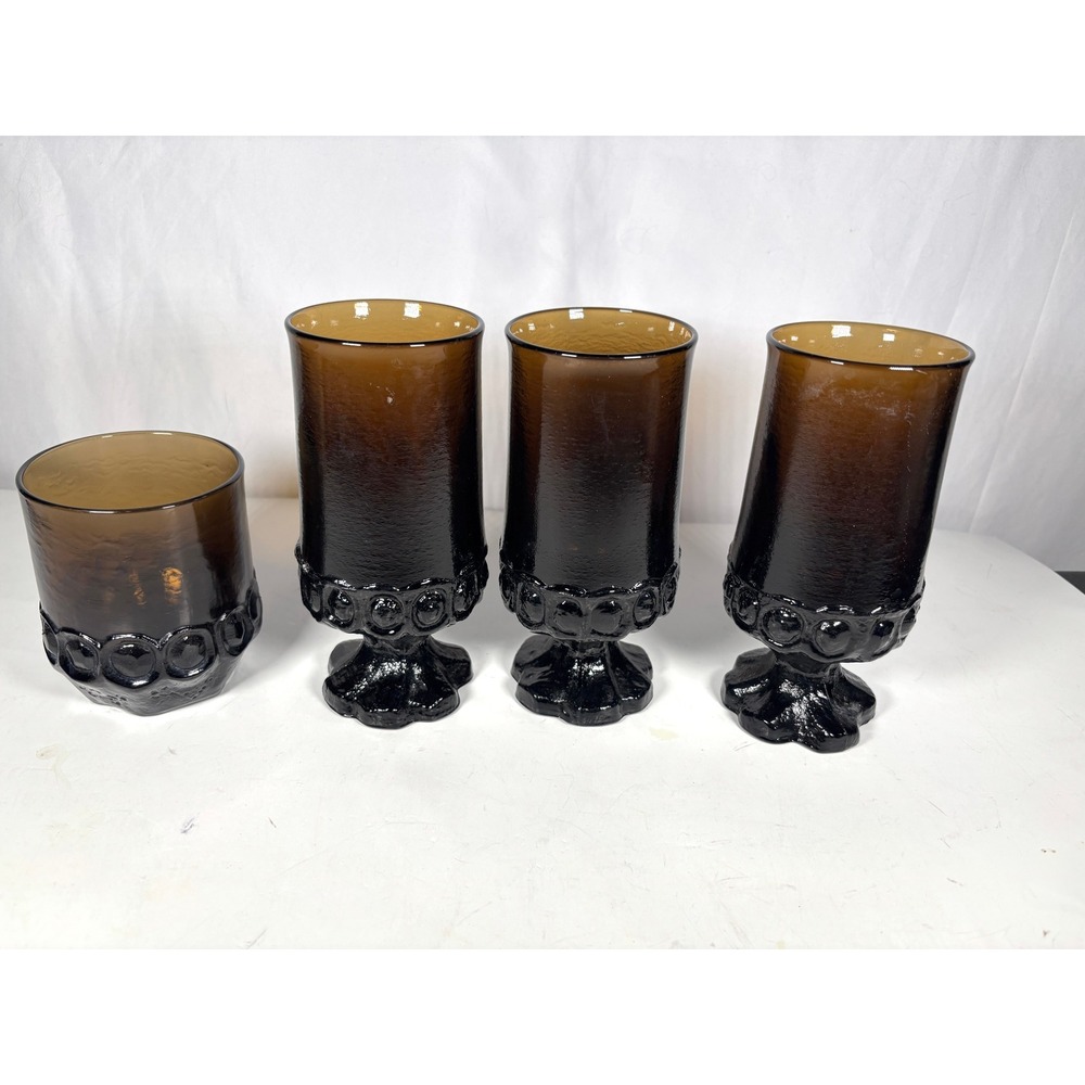 Vintage Indiana Glass Kings Crown Amber Goblets Tumblers Set Mid Century 4 Pc